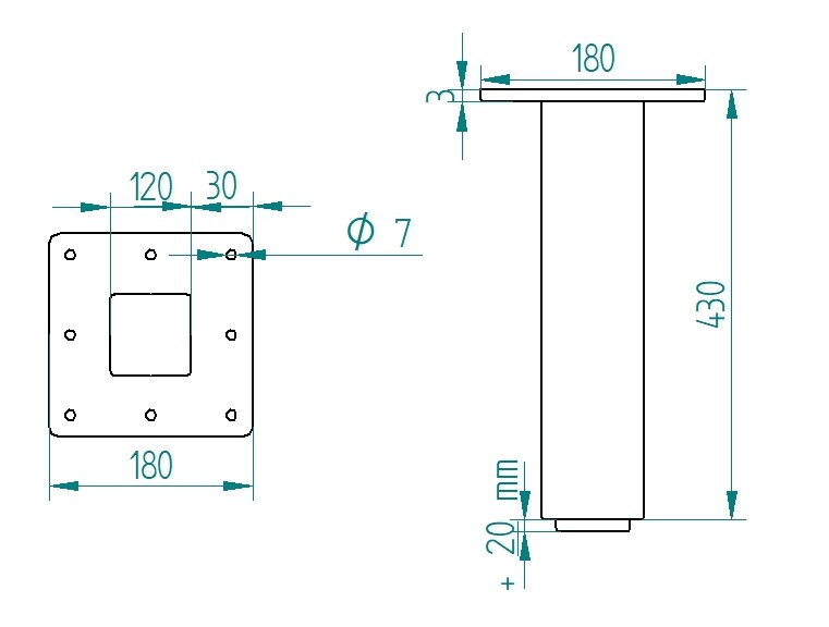 Noga metalowa do stołu z regulacją wysokości 43 cm profil 120x120 - obrazek 4